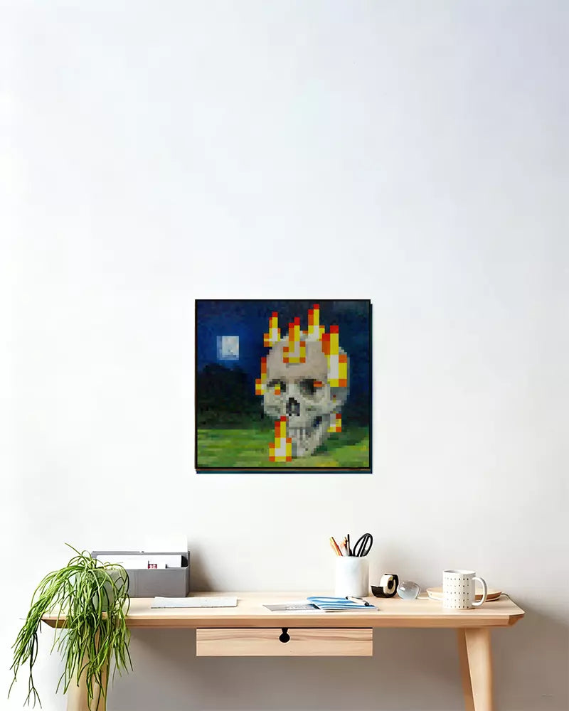 ”Skull On Fire“ - Pixel Style Art Painting Retro Gaming Room Decor