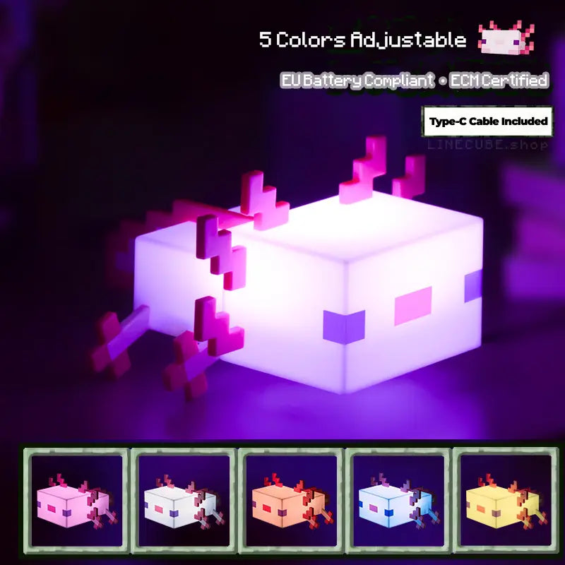 Pixel Axolotl Lamp– 5-Color Night Light Desk Companion Rechargeable