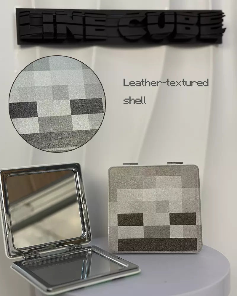 Retro Pixel Block Compact Mirror – PU Leather Wrapped Portable Makeup Mirror with Dual-Sided Design(Skeleton)