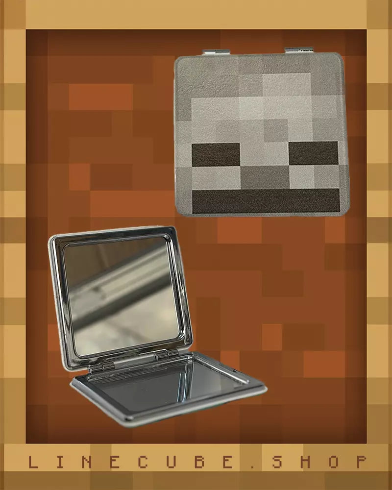 Retro Pixel Block Compact Mirror – PU Leather Wrapped Portable Makeup Mirror with Dual-Sided Design(Skeleton)