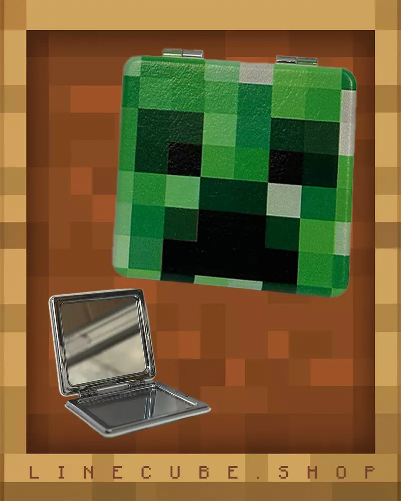 Retro Pixel Block Compact Mirror – PU Leather Wrapped Portable Makeup Mirror with Dual-Sided Design(CREEPER)