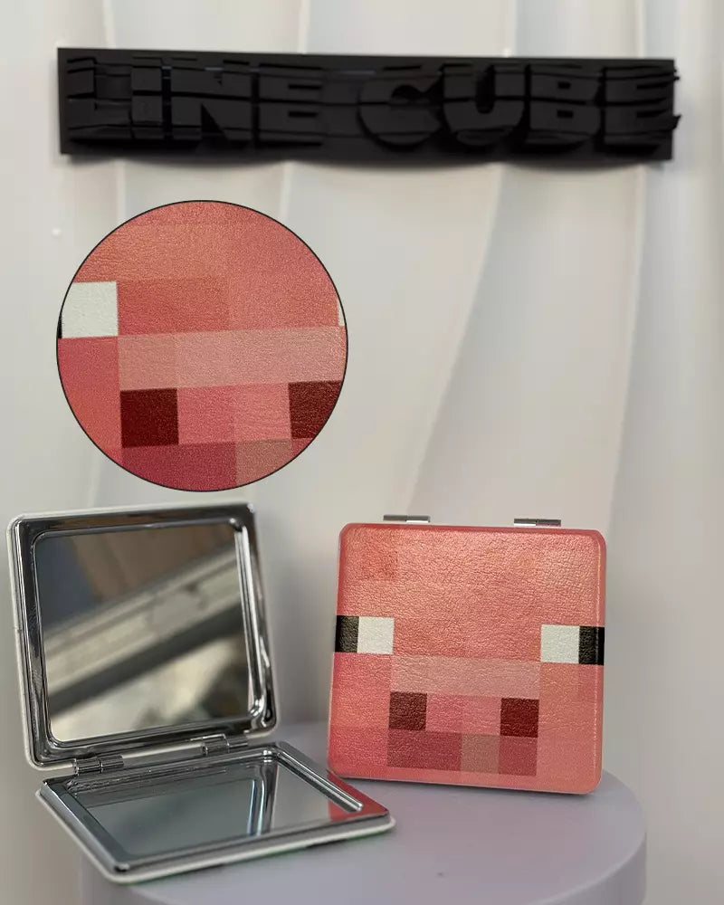 Retro Pixel Block Compact Mirror – PU Leather Wrapped Portable Makeup Mirror with Dual-Sided Design(Pig)