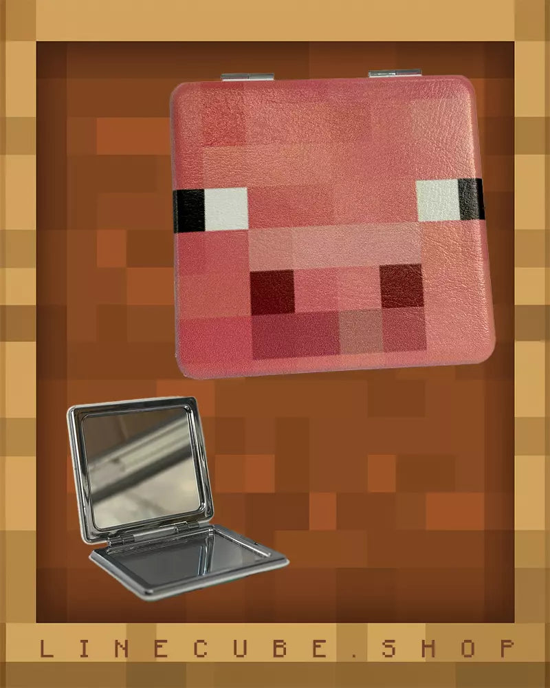 Retro Pixel Block Compact Mirror – PU Leather Wrapped Portable Makeup Mirror with Dual-Sided Design(Pig)