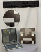 Retro Pixel Block Compact Mirror – PU Leather Wrapped Portable Makeup Mirror with Dual-Sided Design(Cow)