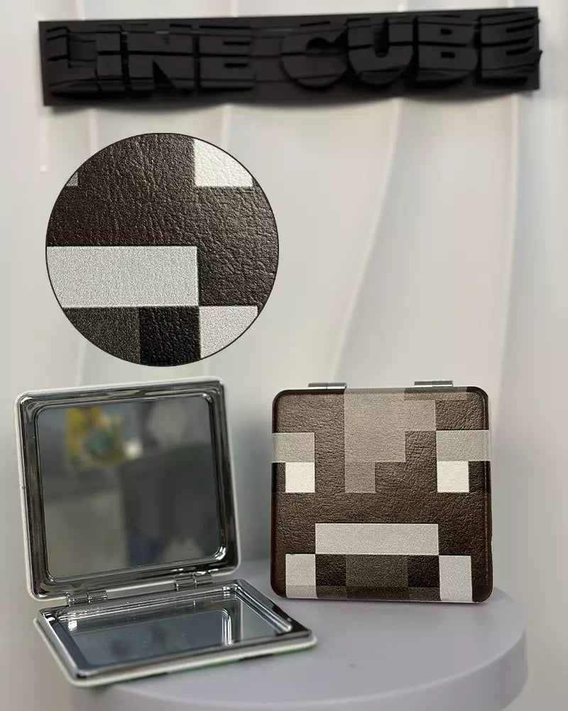 Retro Pixel Block Compact Mirror – PU Leather Wrapped Portable Makeup Mirror with Dual-Sided Design(Cow)