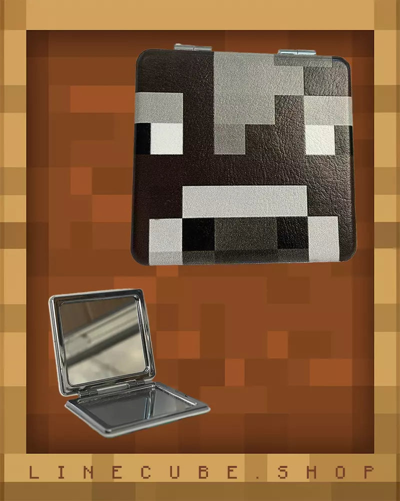 Retro Pixel Block Compact Mirror – PU Leather Wrapped Portable Makeup Mirror with Dual-Sided Design(Cow)