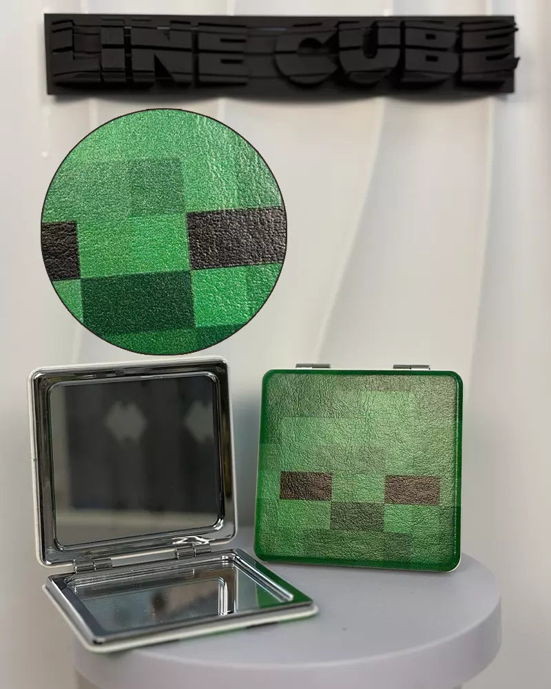 Retro Pixel Block Compact Mirror – PU Leather Wrapped Portable Makeup Mirror with Dual-Sided Design(ZOMBIE)
