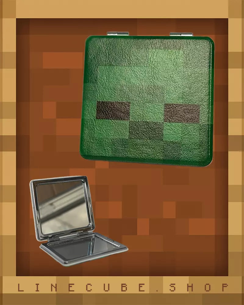 Retro Pixel Block Compact Mirror – PU Leather Wrapped Portable Makeup Mirror with Dual-Sided Design(ZOMBIE)