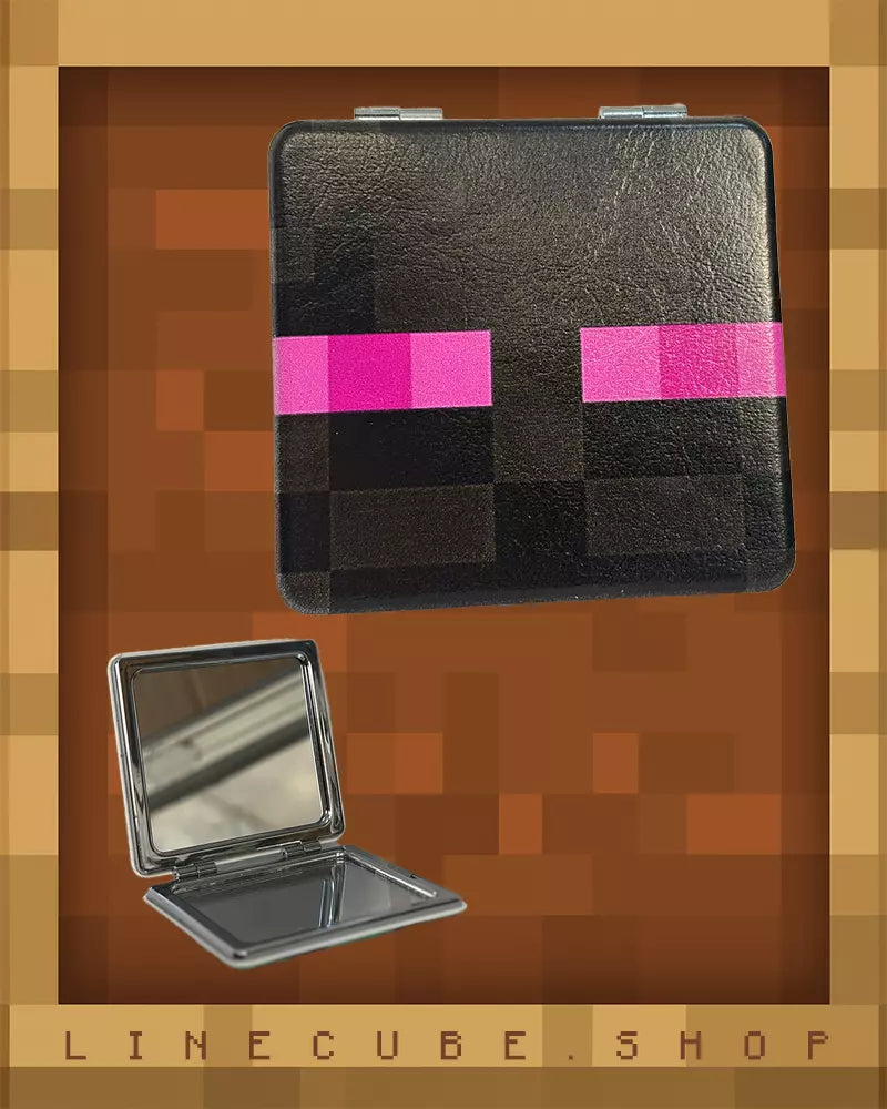 Retro Pixel Block Compact Mirror – PU Leather Wrapped Portable Makeup Mirror with Dual-Sided Design(Enderman)