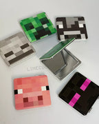 Retro Pixel Block Compact Mirror – PU Leather Wrapped Portable Makeup Mirror with Dual-Sided Design(Pig)